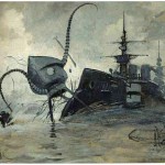 A Martian vehicle battling with the warship Thunder Child, also by the Brazilian artist Henrique Alvim Corrêa.